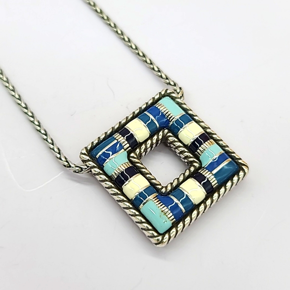 Brighton "CABANA" Shades of Blue Enamel Square Reversible Pendant Necklace $54 - Picture 2 of 9